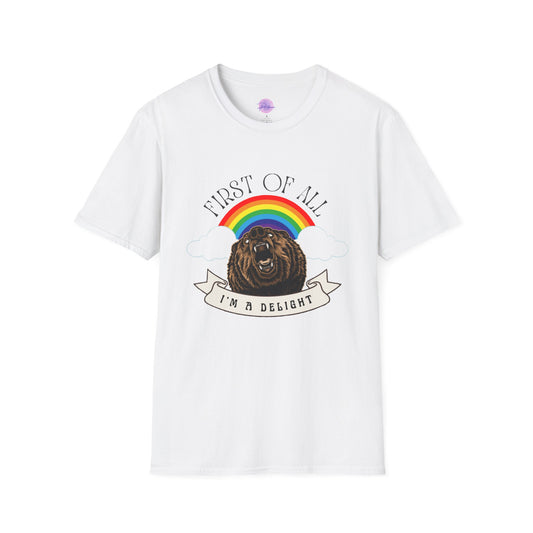 Sarcastic Delight Unisex T-Shirt with Roaring Bear and Rainbow